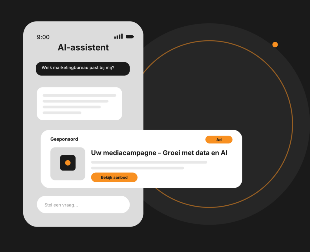 Tablet-mockup van een conversationele AI-chat met vragen en antwoorden voor klantcontact