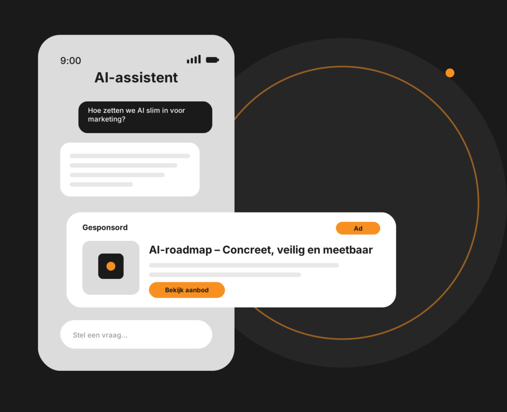 Tablet-mockup voor AI-marketingconsultancy met analyse, kansen en aanbevelingen