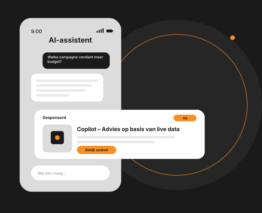 Tablet-mockup van een AI marketing copilot met chatvenster en suggesties voor campagnes