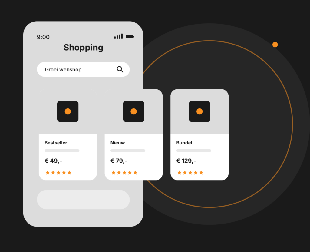 Dashboard-mockup voor e-commerce growth met omzetgroei, kanalen en conversiegrafieken