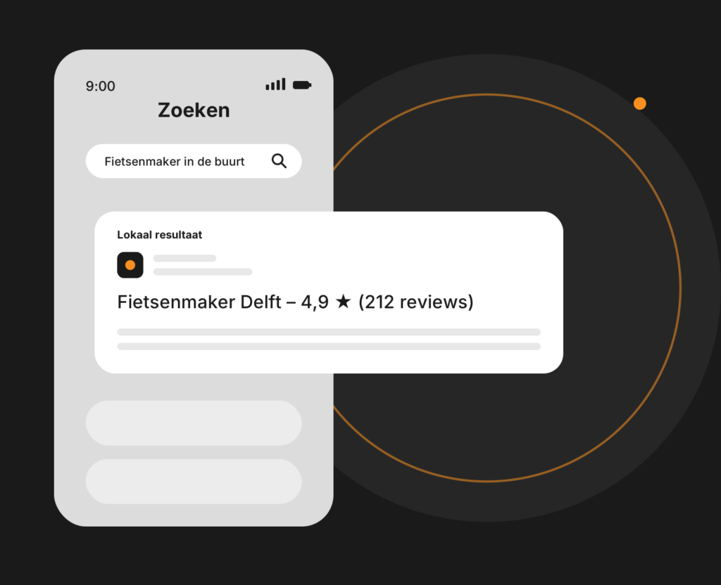 Dashboard-mockup voor lokale SEO met kaartweergave, bedrijfsvermelding en lokale zoekposities