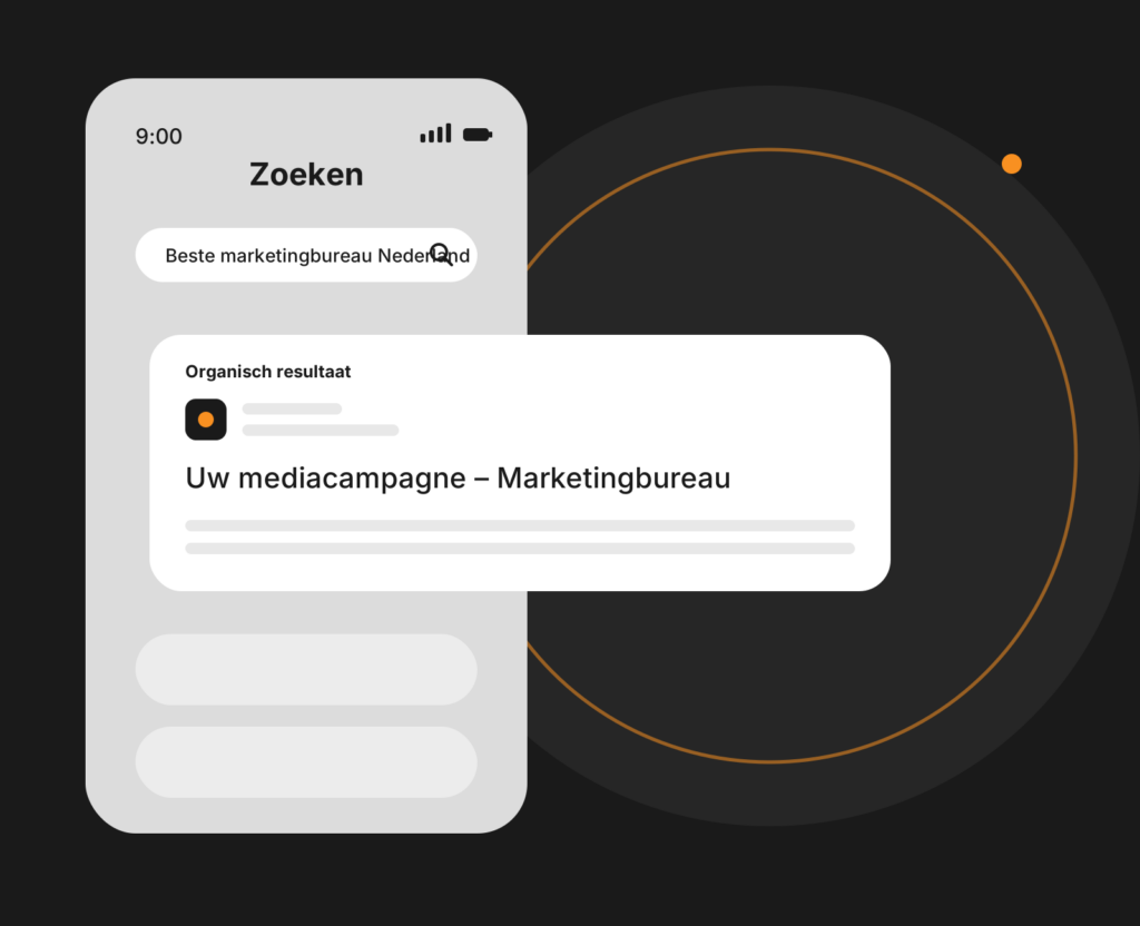 Dashboard-mockup voor organische marketing met bezoekersgroei, content en vindbaarheid