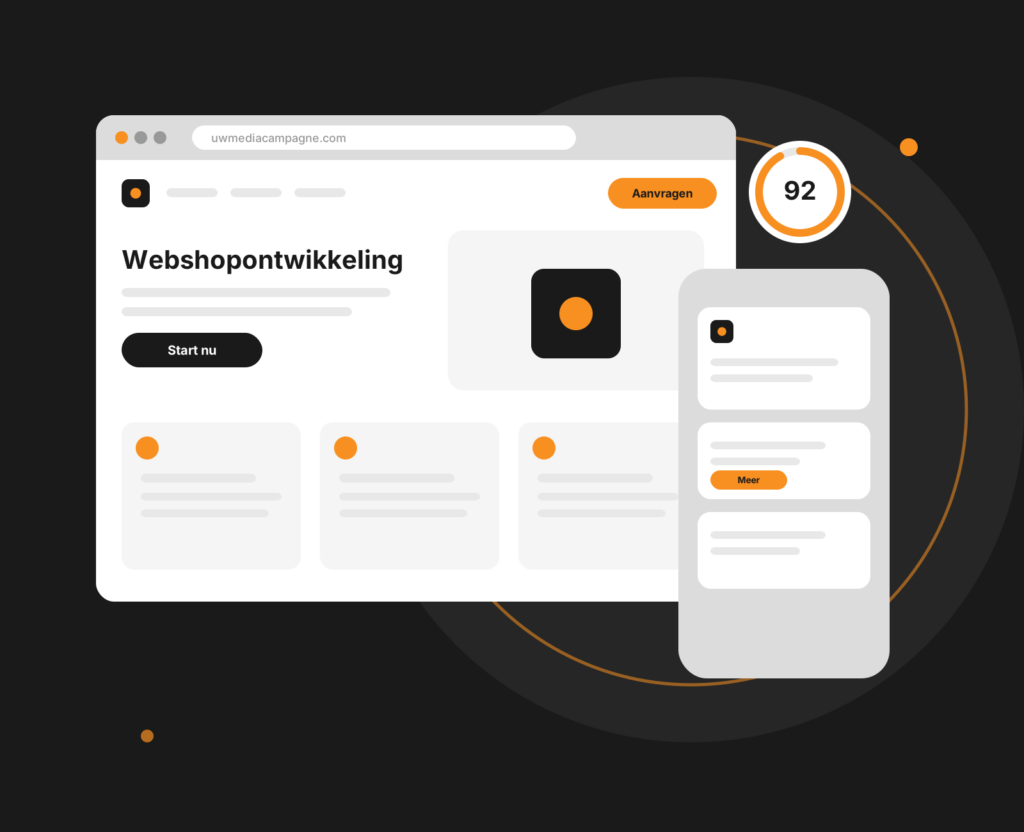 Tablet-mockup van webshopontwikkeling met productoverzicht en winkelwagenontwerp