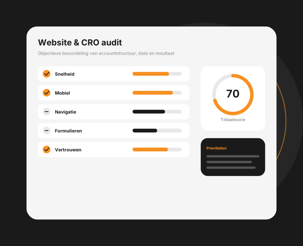 Tablet-mockup van een CRO-audit van een website met bevindingen en verbeterpunten