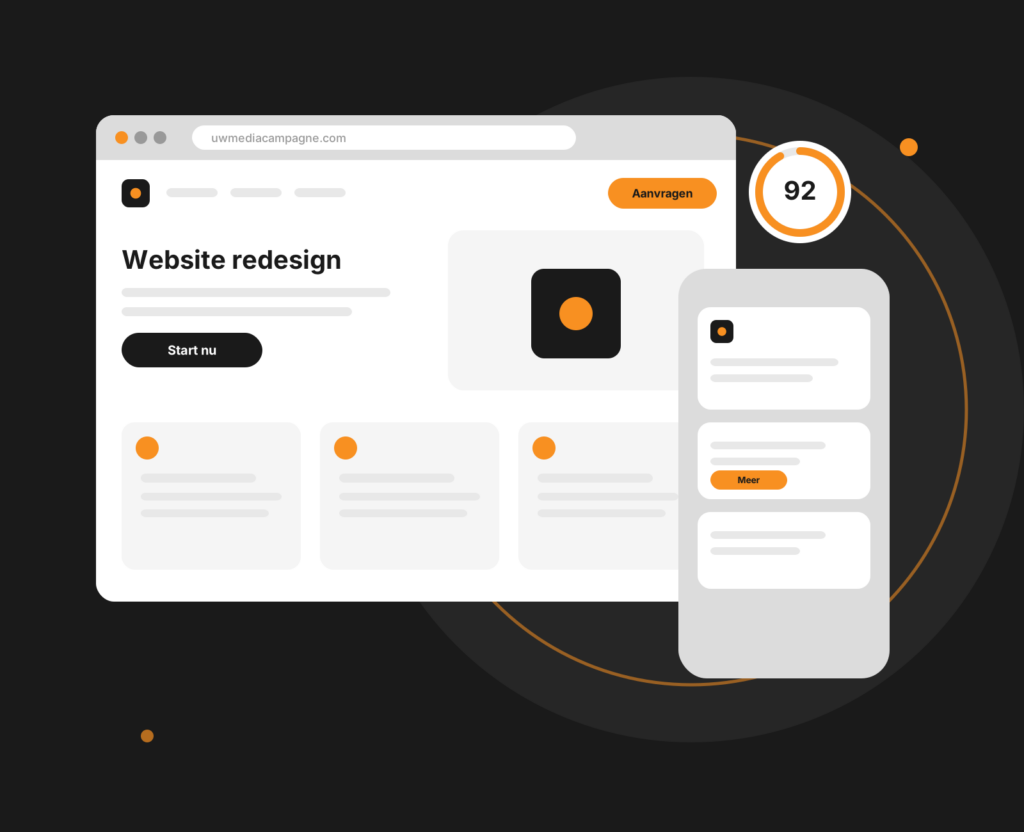Tablet-mockup van een website-redesign met nieuw paginaontwerp en indeling
